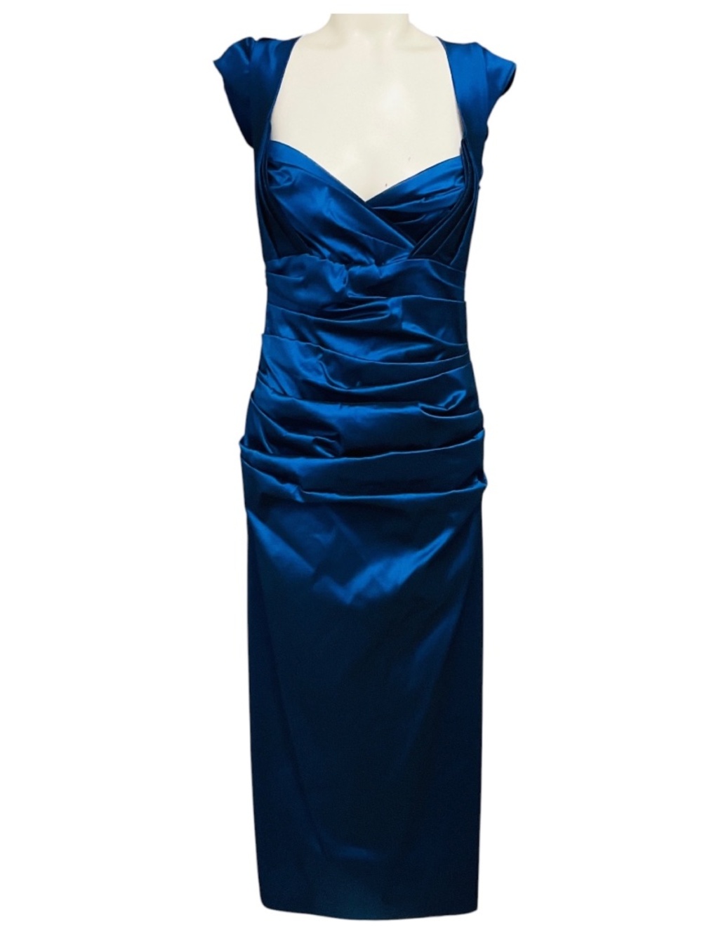 TALBOT RUNHOF BLUE METALLIC CAP SLEEVED RUCHED MIDI COCKTAIL DRESS